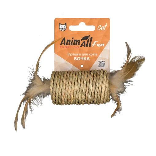 Іграшка AnimAll Fun Бочка з пірʼям для котів, матеріал сизаль, колір беж, 21 см 