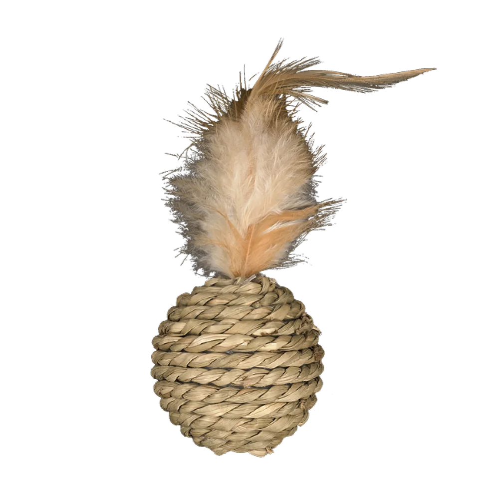 Іграшка AnimAll Fun Мʼячик з пірʼям для котів, матеріал сизаль, колір беж, 15 см 