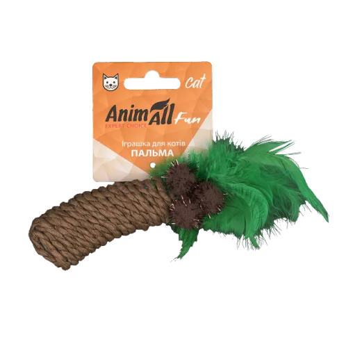 Іграшка AnimAll Fun Пальма з пірʼям для котів, матеріал сизаль, колір зелено-коричневий, 19 см