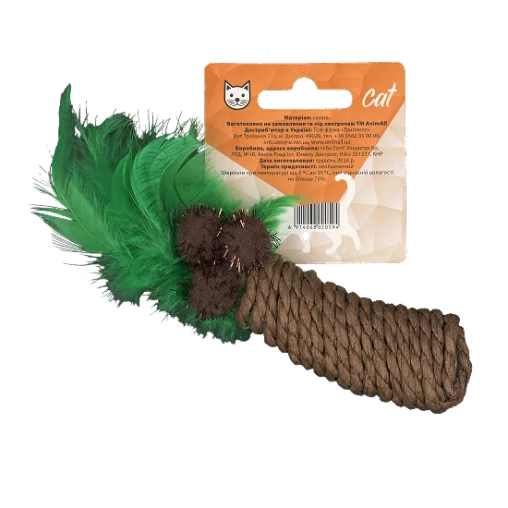 Іграшка AnimAll Fun Пальма з пірʼям для котів, матеріал сизаль, колір зелено-коричневий, 19 см