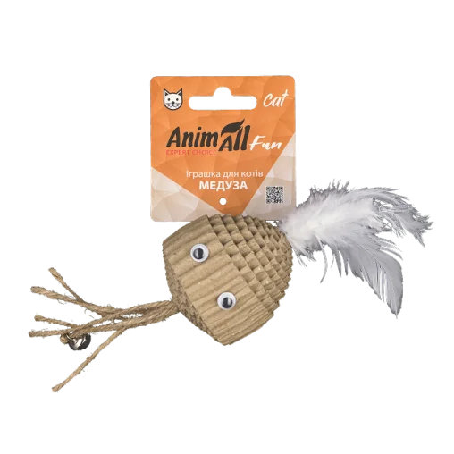 Іграшка AnimAll Fun Медуза з пірʼям та дзвіночком для котів, матеріал картон, колір беж, 20 см