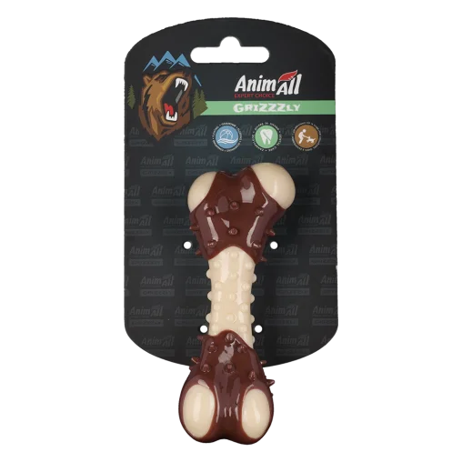 AnimAll GrizZzly Spiked Bone Toy with Meat Flavor for Dogs, Brown, S 11,7х4,7х4 cm