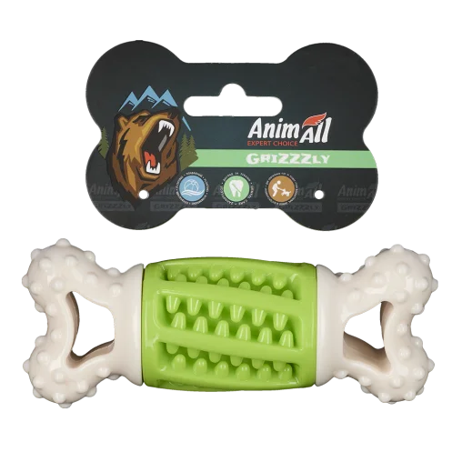 AnimAll GrizZzly Dog Toy: Squeaky Teething Bone, Green, 14.2x5.7x4.7 cm