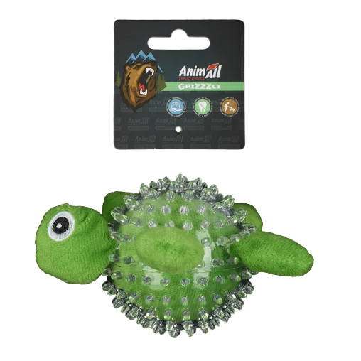 AnimAll GrizZzly Soft Toy Turtle with Squeaker for Dogs, Green, 9 cm