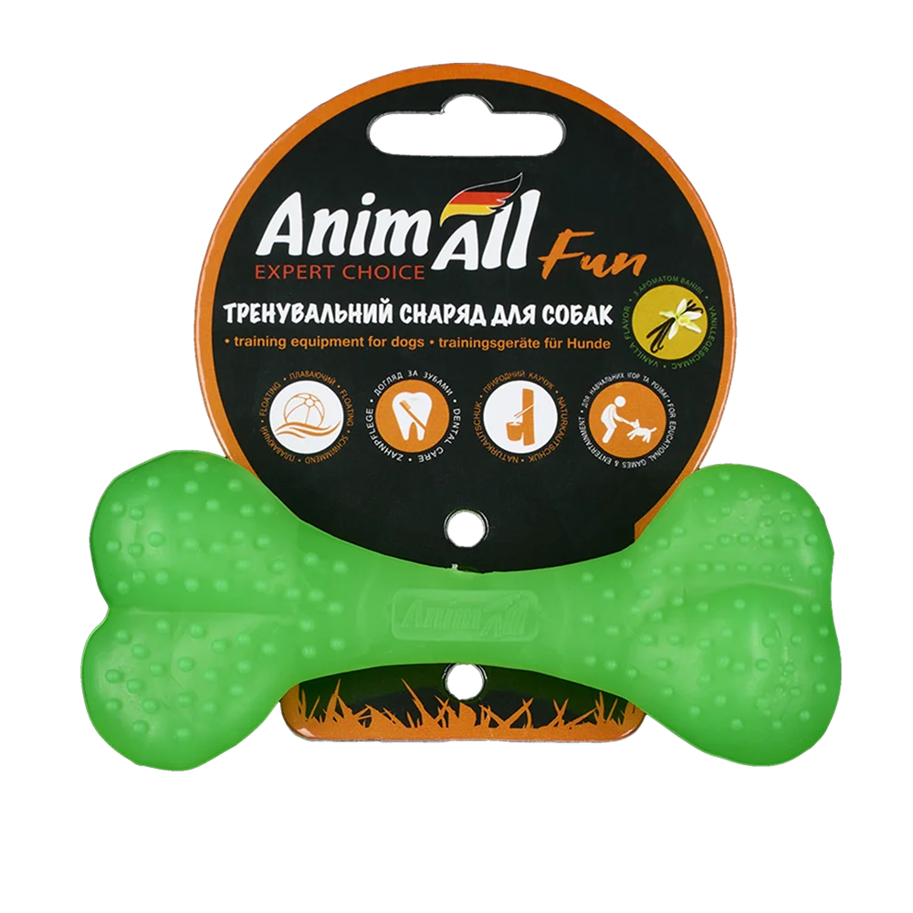 Іграшка AnimAll Fun Тренувальна шипована кістка для собак, з ароматом ванілі, колір зелений, 12 см