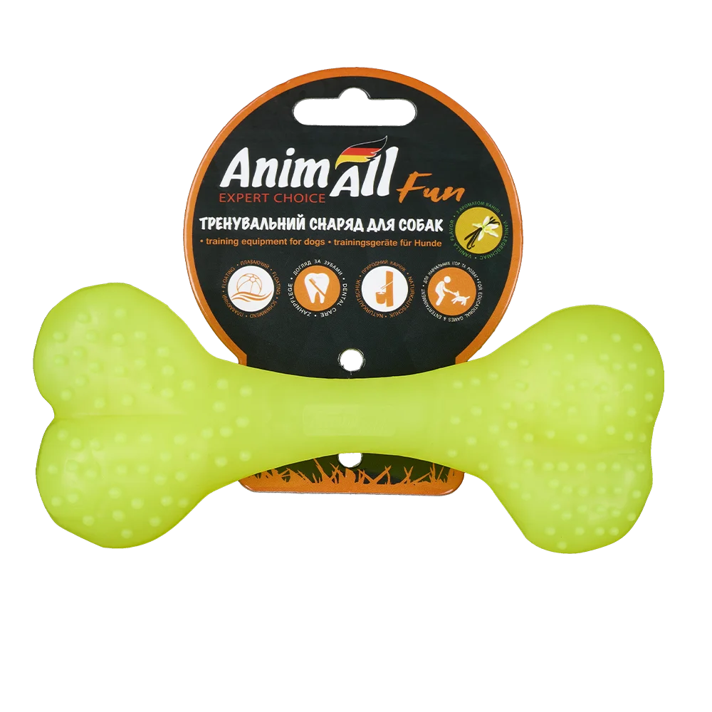 Іграшка AnimAll Fun Тренувальна кістка з ароматом ванілі для собак, колір жовтий, 15 см