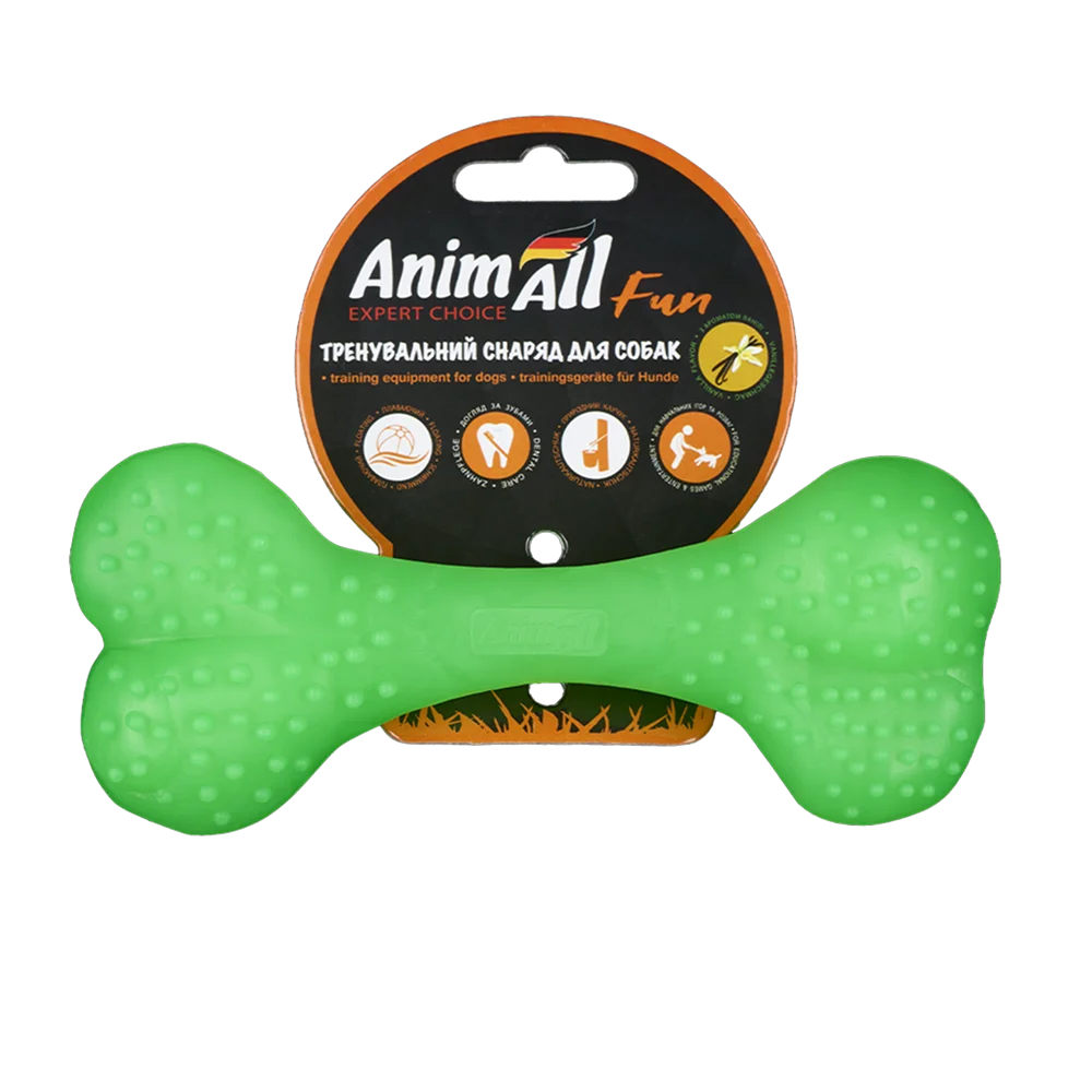 AnimAll Fun Dog Training Spiked Bone Toy, Vanilla Scented, Green, 15 cm