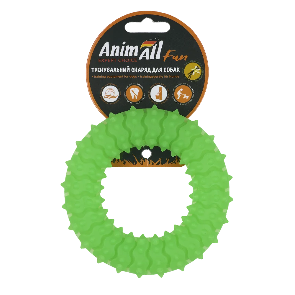 Іграшка AnimAll Fun Тренувальне шиповане кільце для собак, з ароматом ванілі, колір зелений, 12 см
