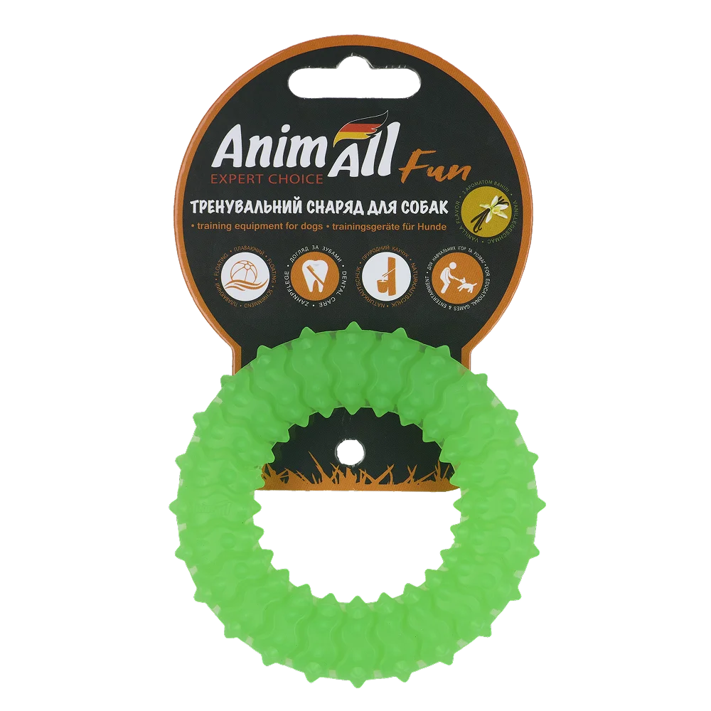Іграшка AnimAll Fun Тренувальне шиповане кільце для собак, з ароматом ванілі, колір зелений, 9 см