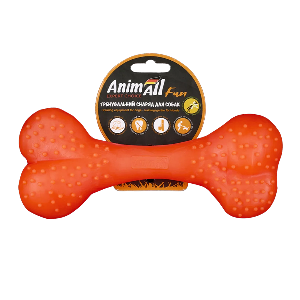 Іграшка AnimAll Fun Тренувальна шипована кістка для собак, з ароматом ванілі, колір помаранчевий, 25 см