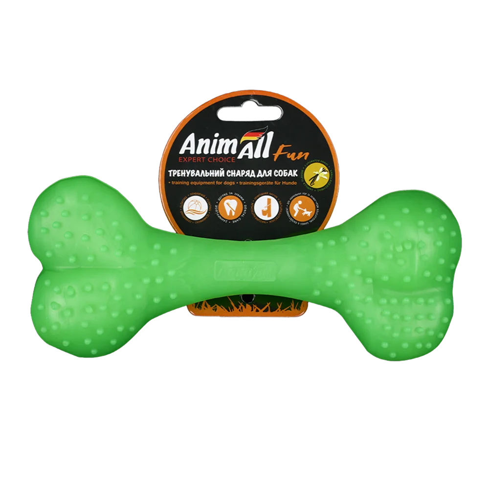 Іграшка AnimAll Fun Тренувальна шипована кістка для собак, з ароматом ванілі, колір зелений, 25 см
