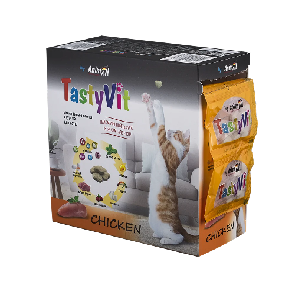 Вітамінізовані ласощі AnimAll TastyVit для котів, з куркою, 600 штук (50 пакетів по 12 штук)