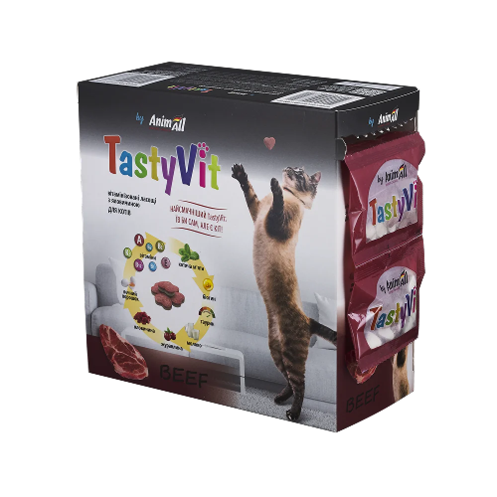 Вітамінізовані ласощі AnimAll TastyVit для котів, з яловичиною, 600 штук (50 пакетів по 12 штук)