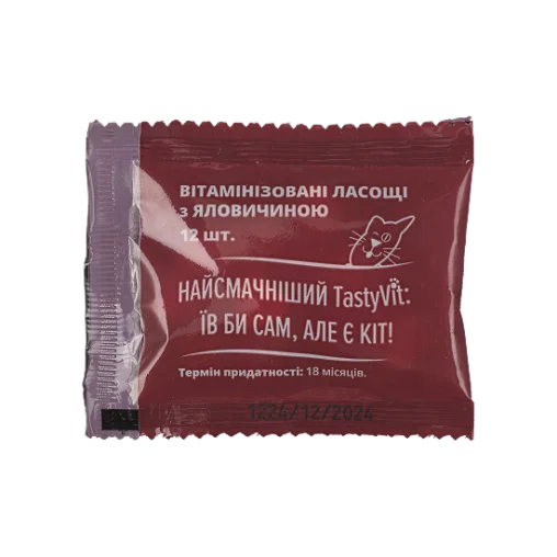 Вітамінізовані ласощі AnimAll TastyVit для котів, з яловичиною, 600 штук (50 пакетів по 12 штук)