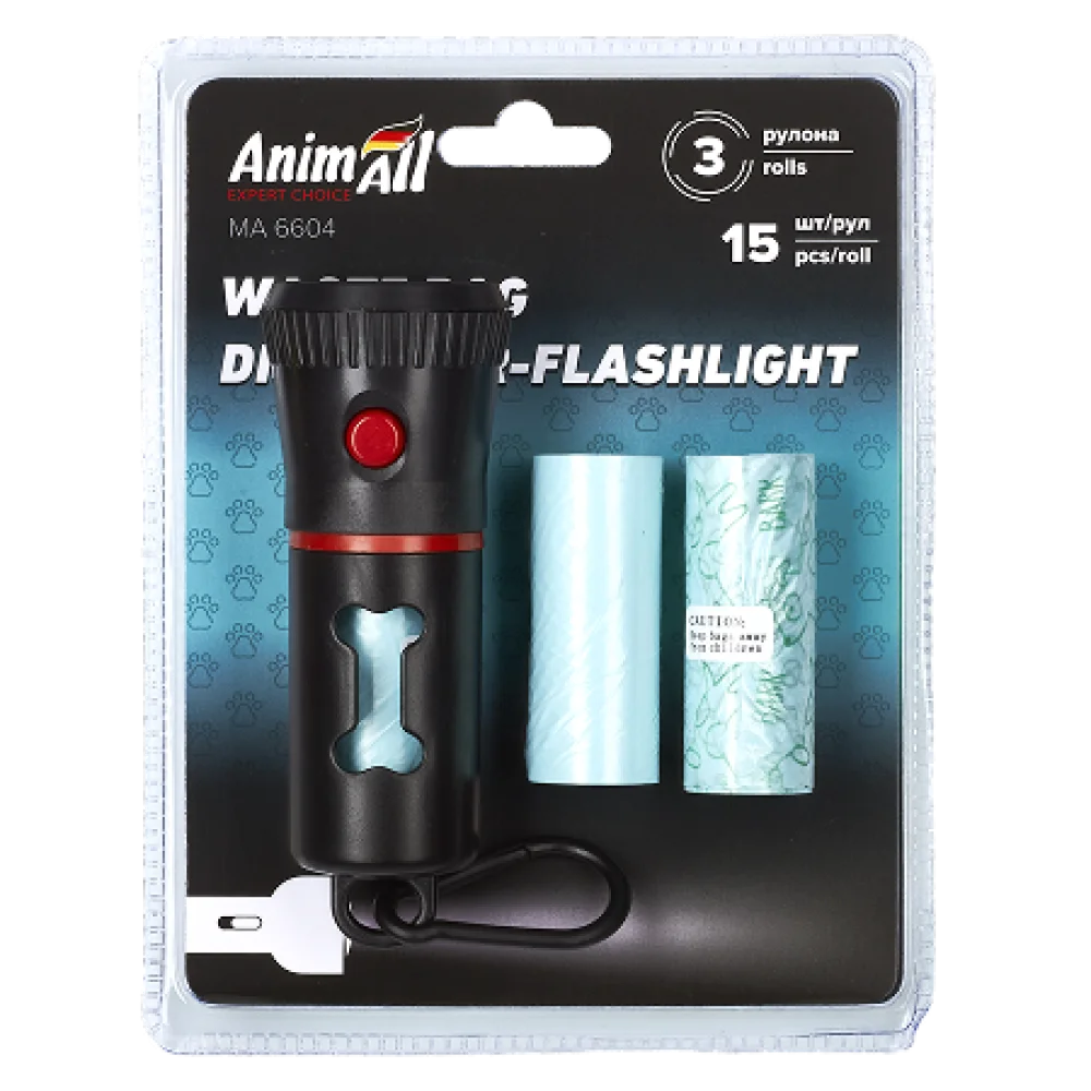 Диспенсер-ліхтарик AnimAll зі змінними пакетами, колір червоний, 3 рулон | 15 пакетів